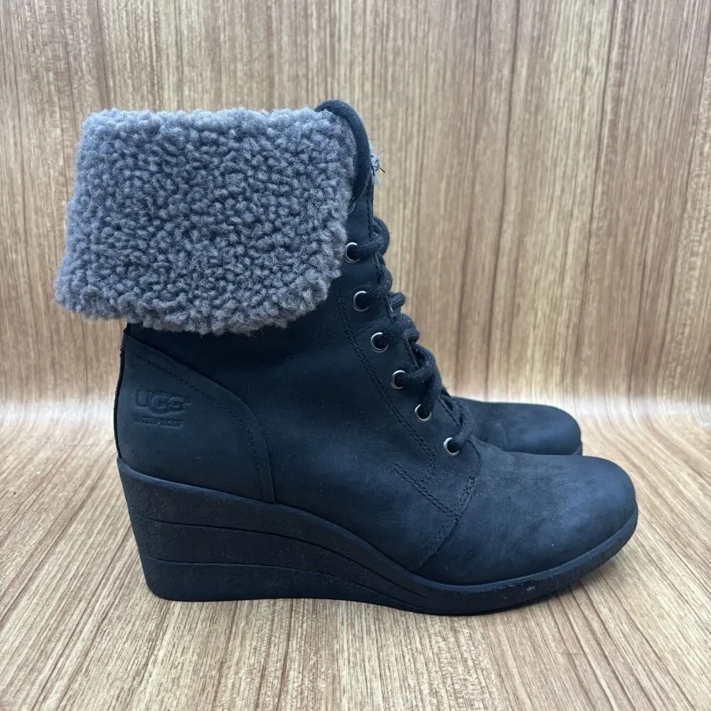 UGG Zea Waterproof Black Leather Gray Shearling Wedge‎ Heel Lace-Up Boots SIZE 8